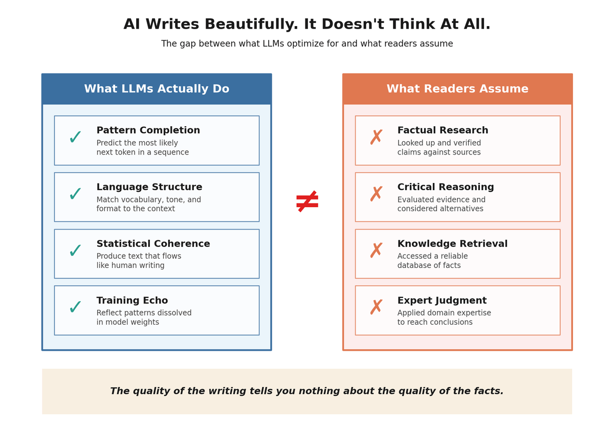 What LLMs Actually Do versus What Readers Assume — pattern completion and language structure do not equal factual research, critical reasoning, or expert judgment